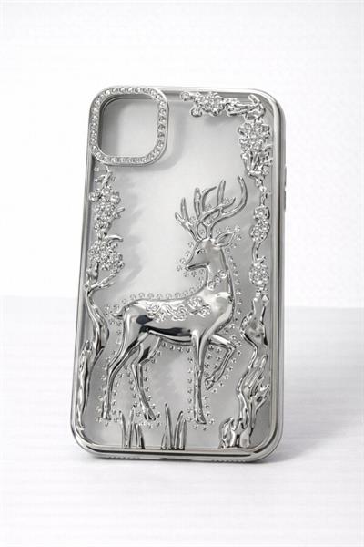 İphone 13 Uyumlu Geyik ve Çiçek Kabartmalı Kılıf Gri