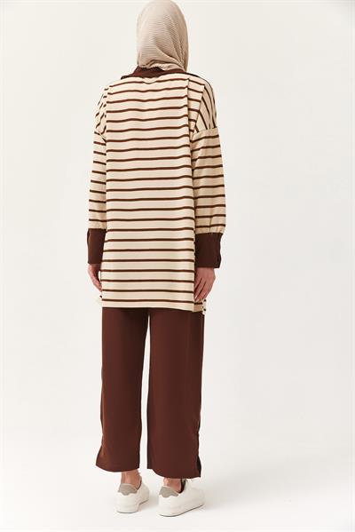 Yaka Fermuarlı Kol Detaylı  İkili Takım Kahverengi