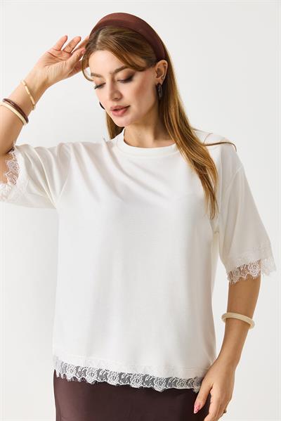 Kadın Kolları Ve Eteği Dantel Detaylı  Düz Modal Tshirt Beyaz