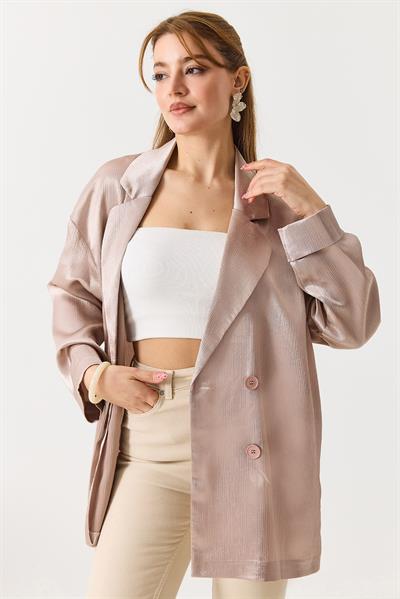 Kadın  Kruvaze Yaka Saten Oversize Blazer Ceket Pudra