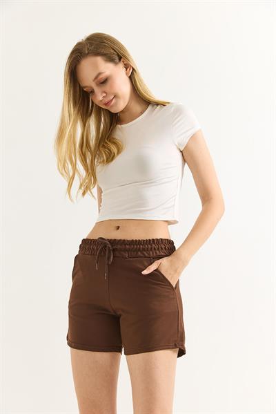 Beli Lastikli Fit Kadın Şort Kahverengi