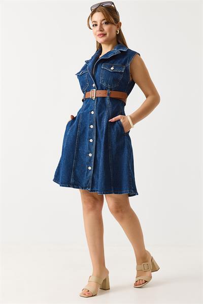 Kemerli Önden Düğmeli Kolsuz Denim Elbise Lacivert