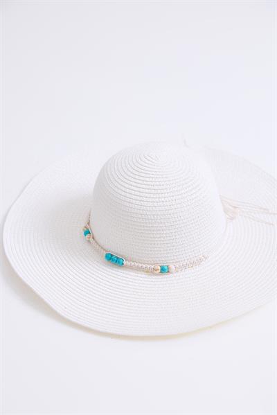 Büyük Kenarlı Hasır Plaj Havuz Şapkası Beyaz