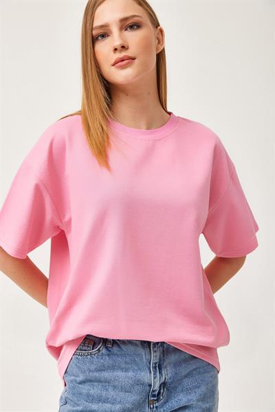 Basic Bisiklet Yaka Tshirt Pembe