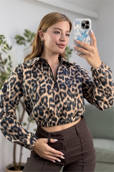 Leopar Desen Yarım Fermuarlı Polar Sweatshirt