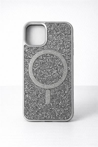 İphone 12 Uyumlu Parlak ve Taşlı Kart Bölümlü Kılıf Gri