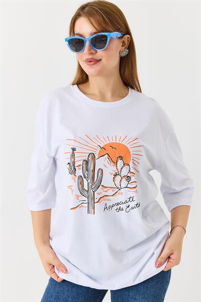 Kadın Çöl Tema Baskılı Bisiklet Yaka Tshirt Beyaz