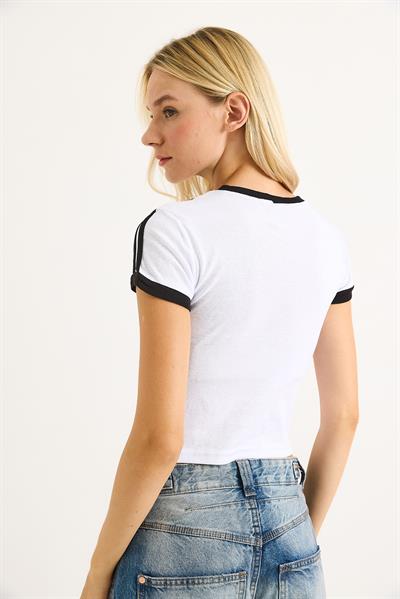 Bisiklet Yaka Baskılı Crop Tshirt Beyaz