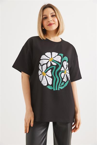 Baskılı Bisiklet Yaka Tshirt Siyah