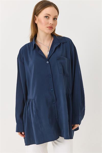 Lacivert Oversize Eteği Fırfırlı  Düğmeli Yumuşak Dokulu Tunik Gömlek