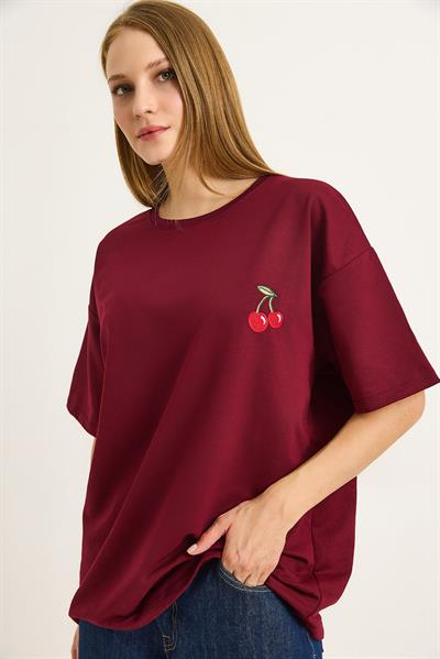 Kiraz Nakışlı Oversize Rahat Kalıp Tshirt Bordo