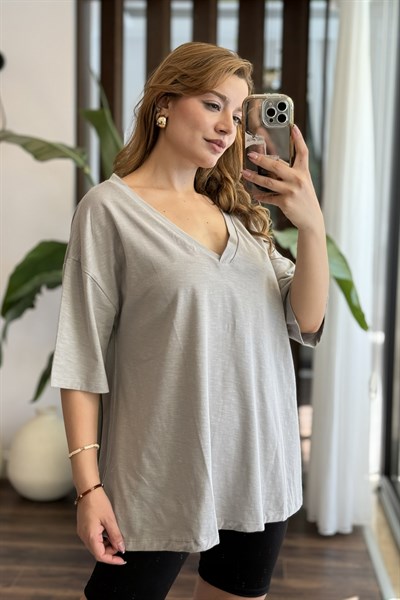 Kadın V Yaka Oversize Salaş Tshirt Gri