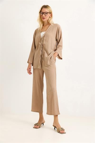 Kimonolu Pantalon Krınkıl Takım Bej