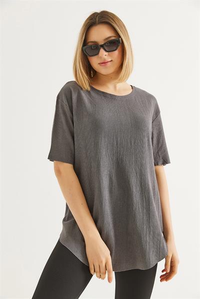 Bisiklet Yaka  Kısa Kol Basic Tshirt Gri