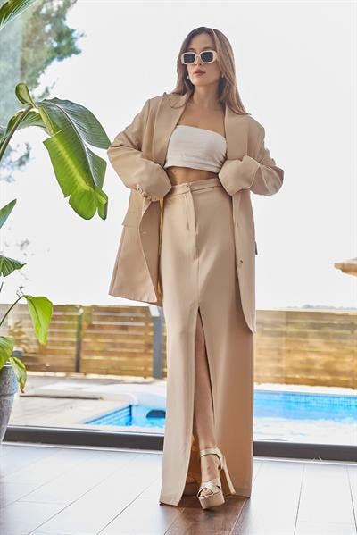 Yırtmaçlı Etek Oversize Ceket İkili Takım Vizon