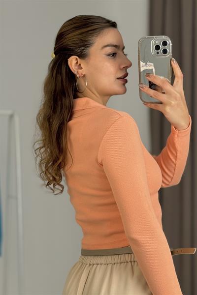 Kadın Polo Yaka Fitilli Crop Bluz Turuncu