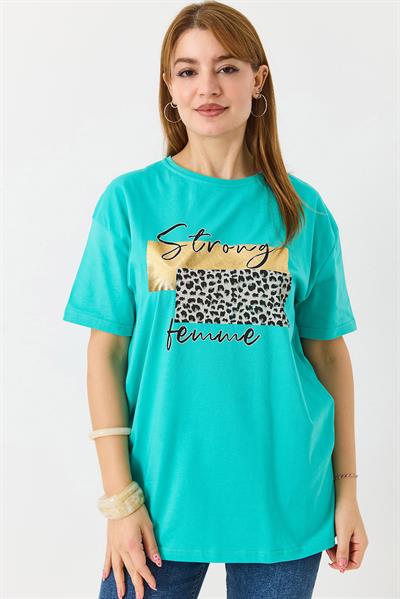 Kadın Bisiklet Yaka Baskılı Kısa Kol Tshirt Yeşil