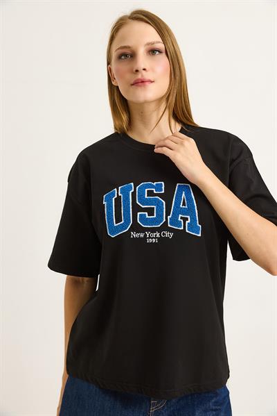 Nakışlı Bisiklet Yaka  Kadın Tshirt Siyah