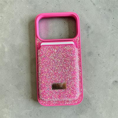 İphone 17 ProUyumlu Parlak ve Taşlı Kart Bölümlü Kılıf Pembe