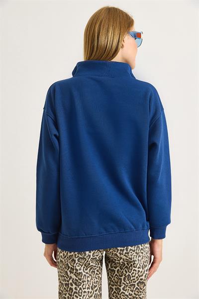 Kadın Yaka Fermuarlı 2 İplik Sweatshirt Lacivert