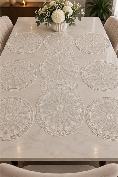 Yuvalar Desenli Motifli 7 Parça Runner Set Ekru