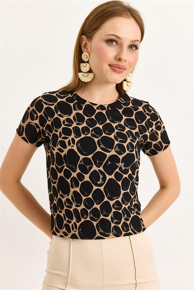 Geometrik Desen Kısa Kollu Bluz Kahverengi