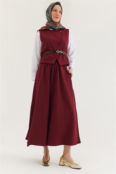 Kemer Detaylı Etekli İkili Takım Bordo