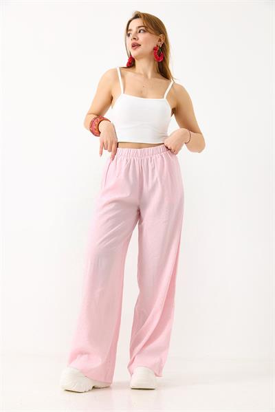 Kadın Taş Detaylı Bol Kesim Keten Görünümlü Pantolon Pembe