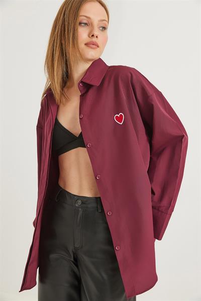 Kalp Nakışlı  Oversize Basic Gömlek Bordo