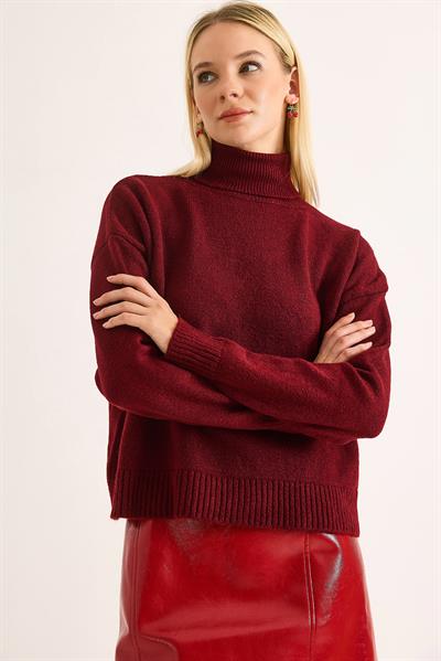 Kadın Oversize Boğazlı Kazak Bordo
