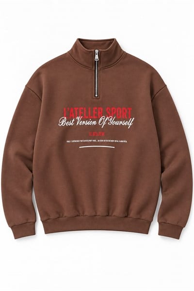 Kadın Dik Yaka Yarım Fermuarlı Baskılı Sweatshirt Kahverengi