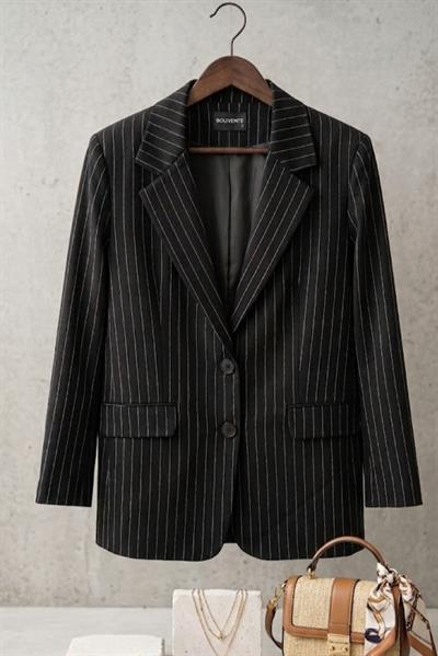 Kadın Çizgi Desen Blazer Ceket Siyah