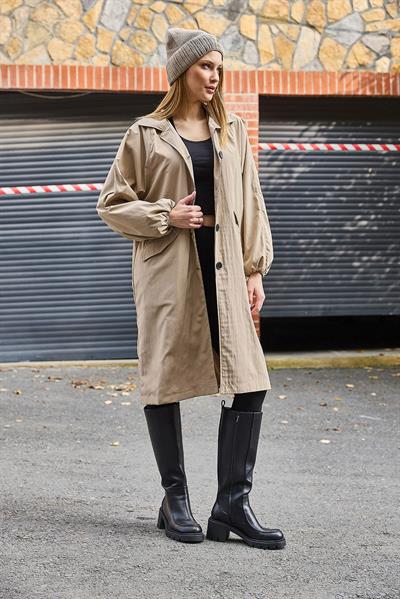 Oversize Hafif Modern Düğmeli Trençkot Bej