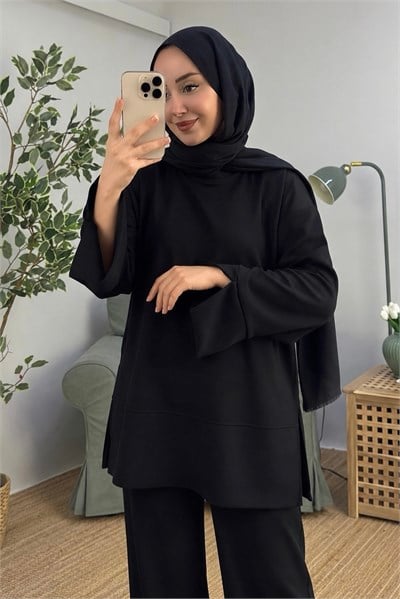 Kadın Oversize Manşet Detaylı Tunik Siyah