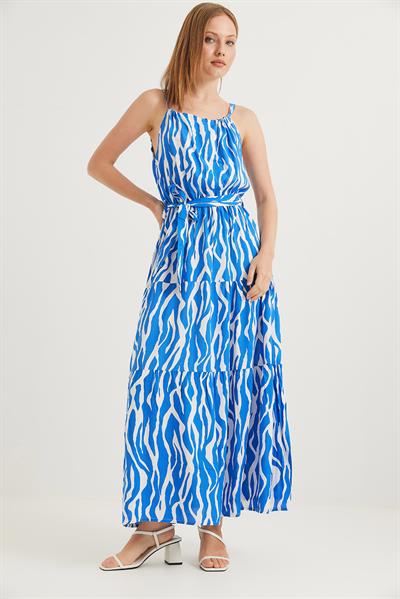 Zebra Halter Yaka Kuşaklı Elbise Mavi