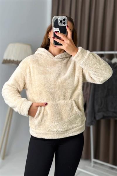 Kadın Kapüşonlu Welsoft Uzun Kollu Bej Sweatshirt