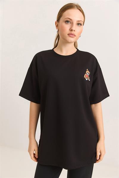 Ayıcık Nakışlı Oversize İki İp Tshirt Siyah