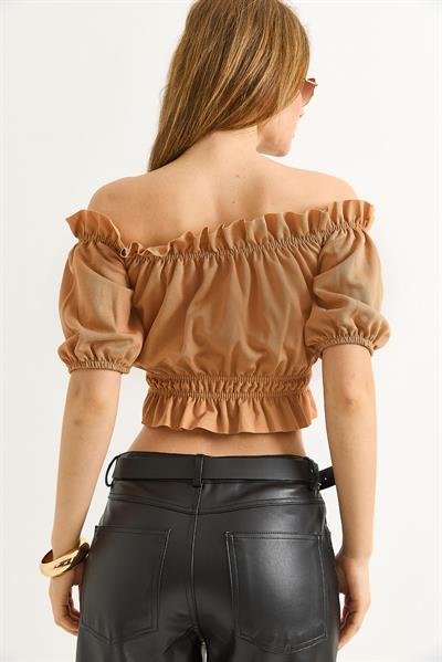 Madonna Yaka Büzgülü Crop Bluz Kahve