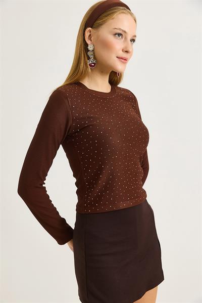 	Kadın Ottoman Bisiklet Yaka Taşlı Bluz Kahve