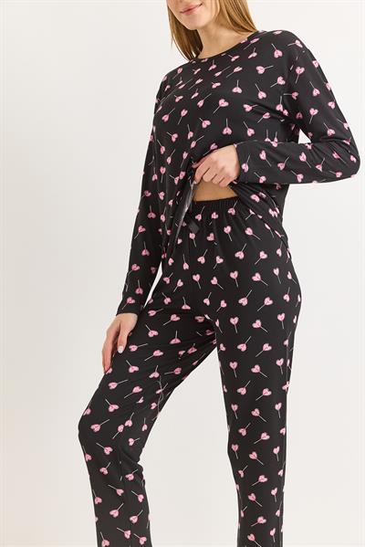 Kadın Bisiklet Yaka Pembe Kalp Baskılı Pijama Takımı Siyah