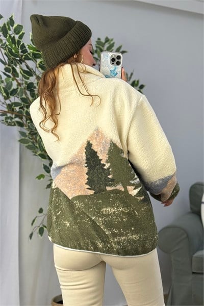 Kadın Desenli Dik Yaka Yarım Fermuarlı Polar Swearshirt Yeşil