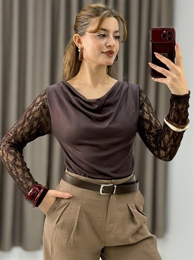 Kadın Uzun Kollu Dantelli Modal Drapeli Bluz Kahverengi