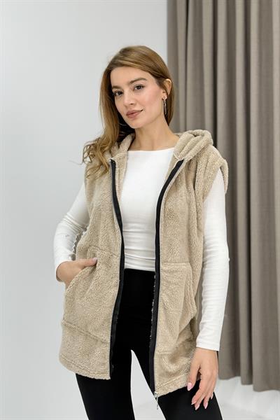 Kadın Kapüşonlu Kanguru Cepli Welsoft Sweat Vizon