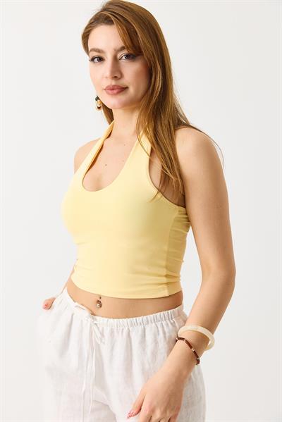 Kadın Boyundan Askılı Crop Bluz Sarı