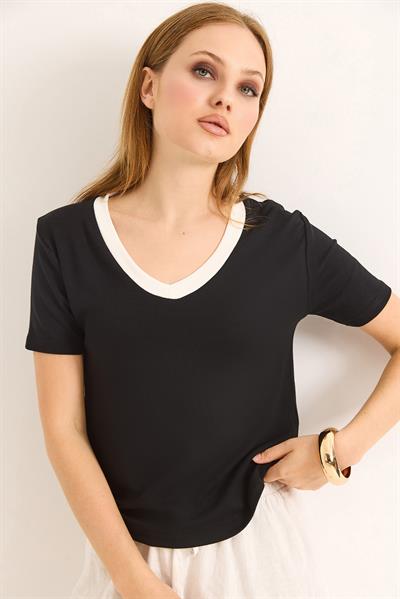 V Yaka  Kısa Kollu Kadın Kısa Tshirt Siyah