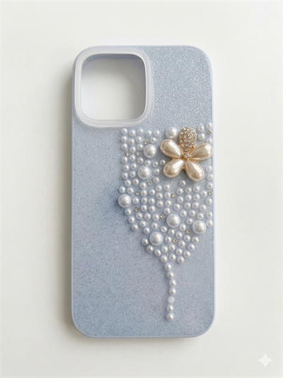 İphone 17 Pro Max Uyumlu İnci ve Glitter Detaylı Kılıf Mavi