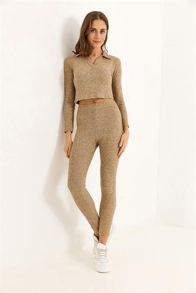 Kadın Polo Yaka İkili Fitilli Takım Vizon