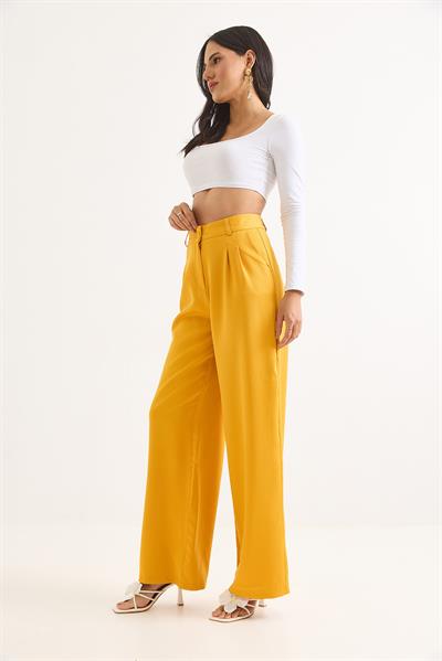 Yüksek Bel Bol Paça Pantalon Sarı