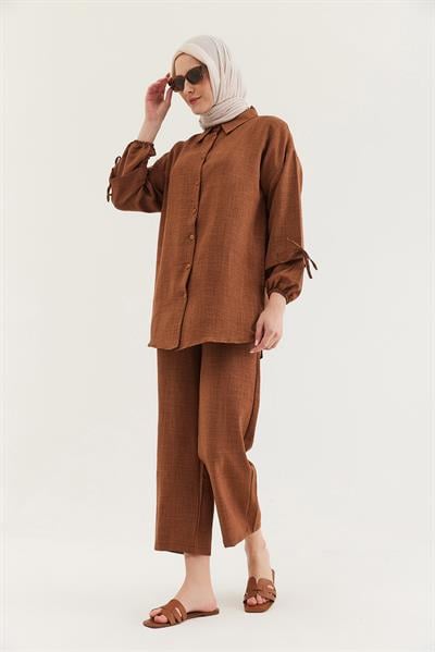 Kol Büzgülü Gömlek Pantolon İkili Takım Kahverengi