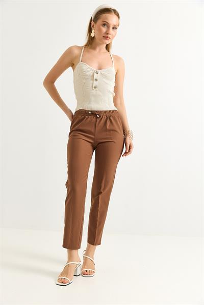 Beli Lastikli Kısa Paça Double Krep Pantolon Taba